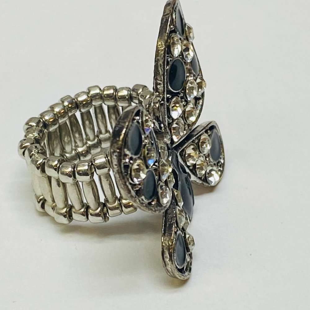 Ring Stretch Butterfly Shape Women Rhinestone Accents Enamel Silver Color Metal - Picture 14 of 16